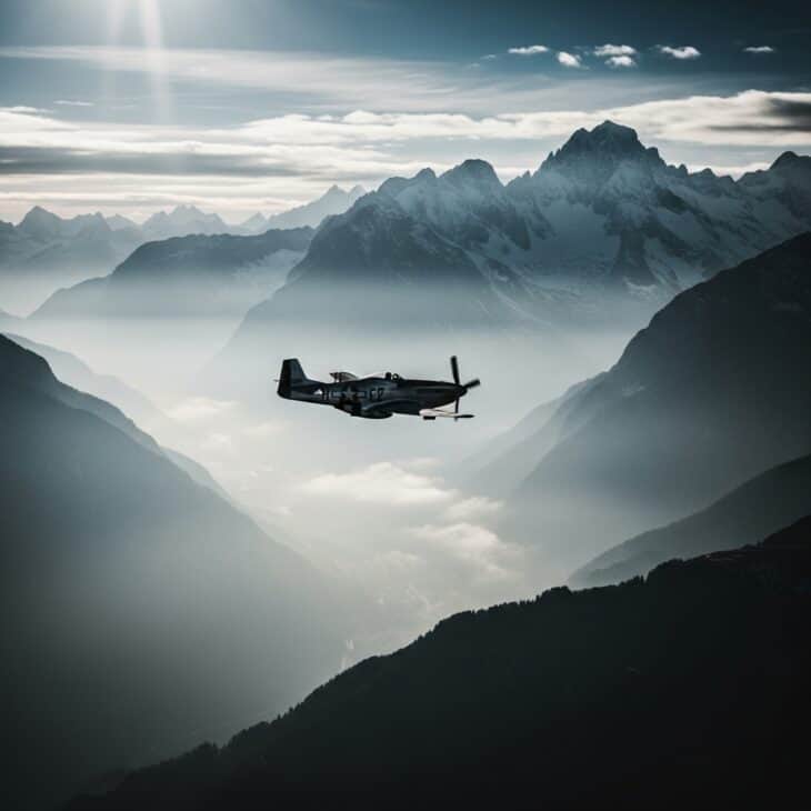 WWII fighter aircraft flying above dramatic snow-capped mountainous terrain with mist in the valleys in dramatic natural light