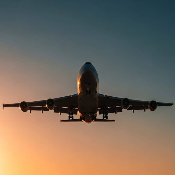 Commercial aircraft on final approach bathed in golden hour light against a deep blue sky