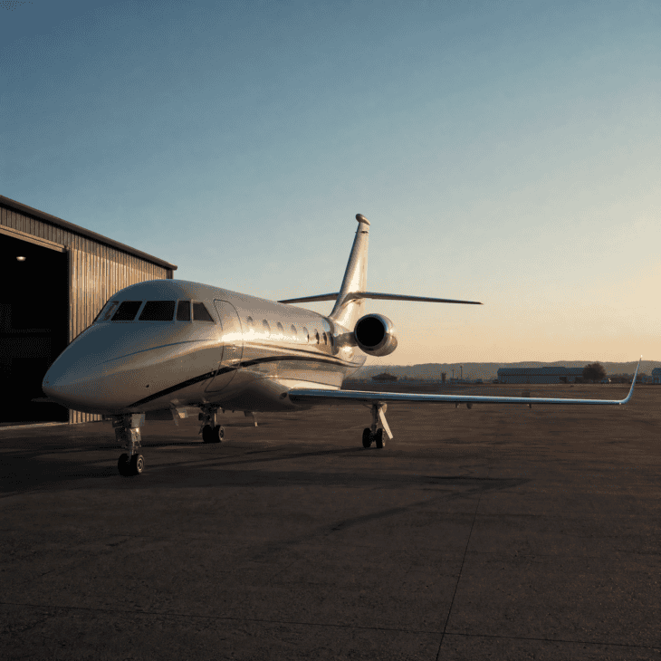 A private jet parked motionless on a quiet FBO apron with no activity around it