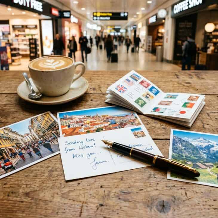 Three colorful postcards on a wooden cafe table with a fountain pen, stamps booklet, and coffee at an airport