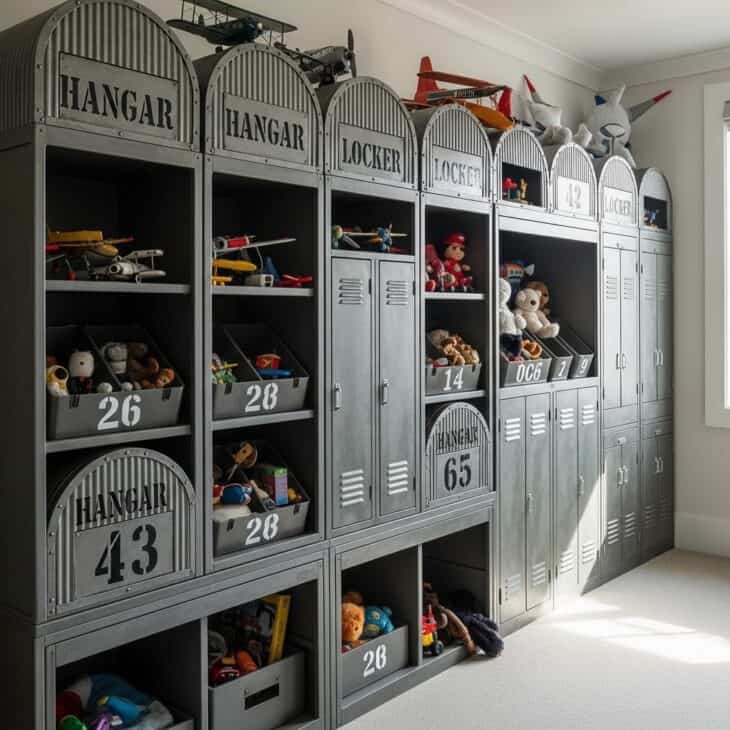 Row of storage cubbies styled like aircraft hangars with stenciled numbers