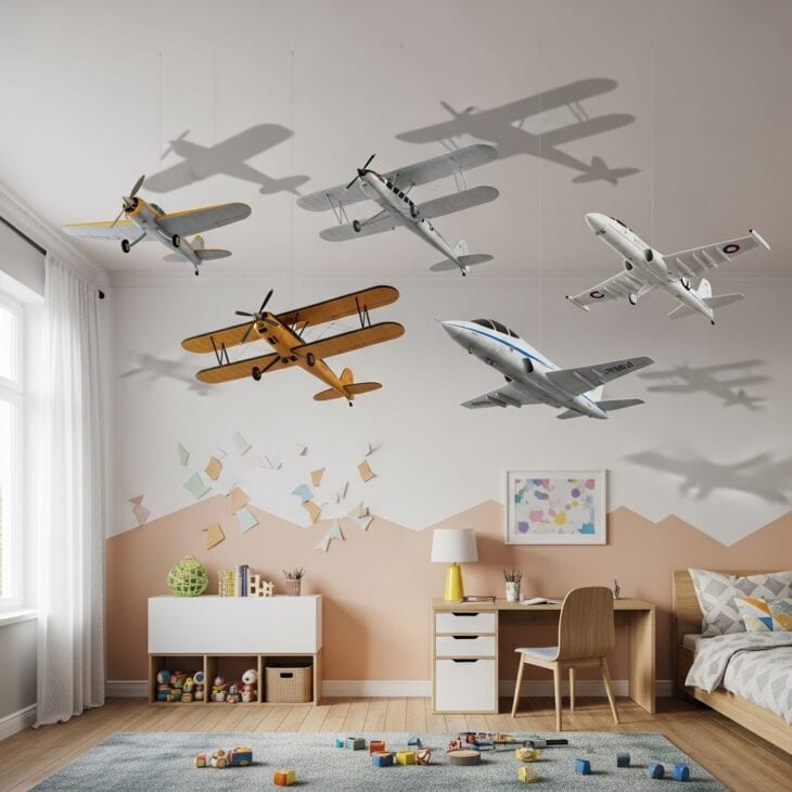 Several model airplanes hung from a bedroom ceiling in formation flight