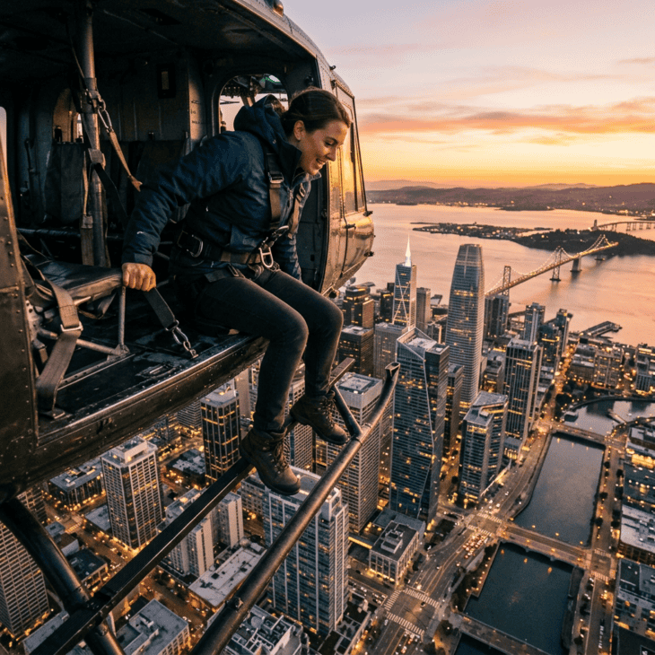 Passenger in doorless helicopter with legs over the edge as a city skyline spreads below in evening light