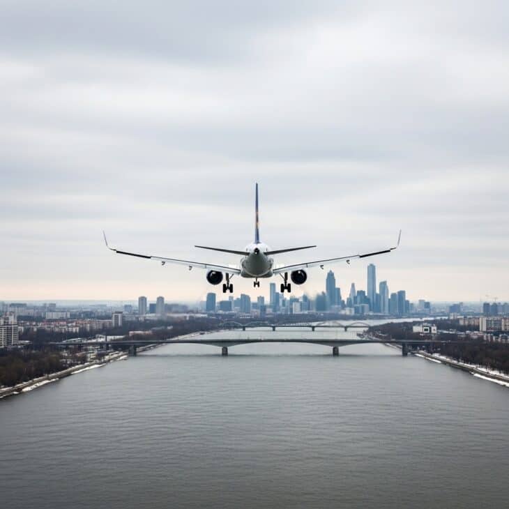 Commercial airliner on low winter approach over a wide gray river in a large city with bridges and urban skyline visible