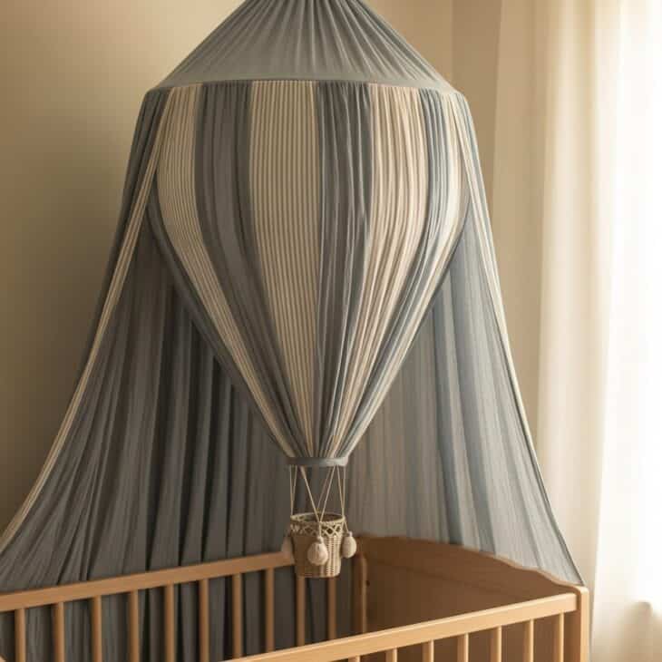 Striped fabric hot air balloon canopy hanging above a crib