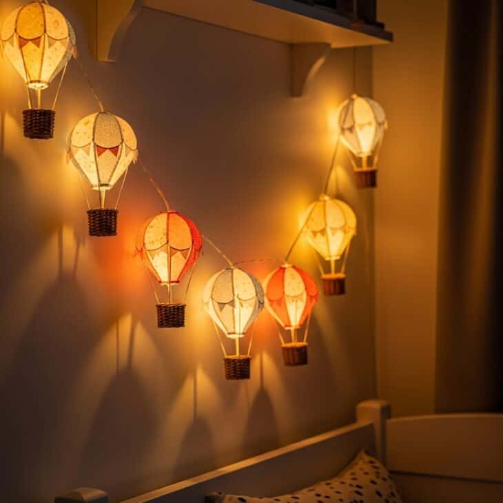 String lights shaped like small glowing hot air balloons across a bedroom wall
