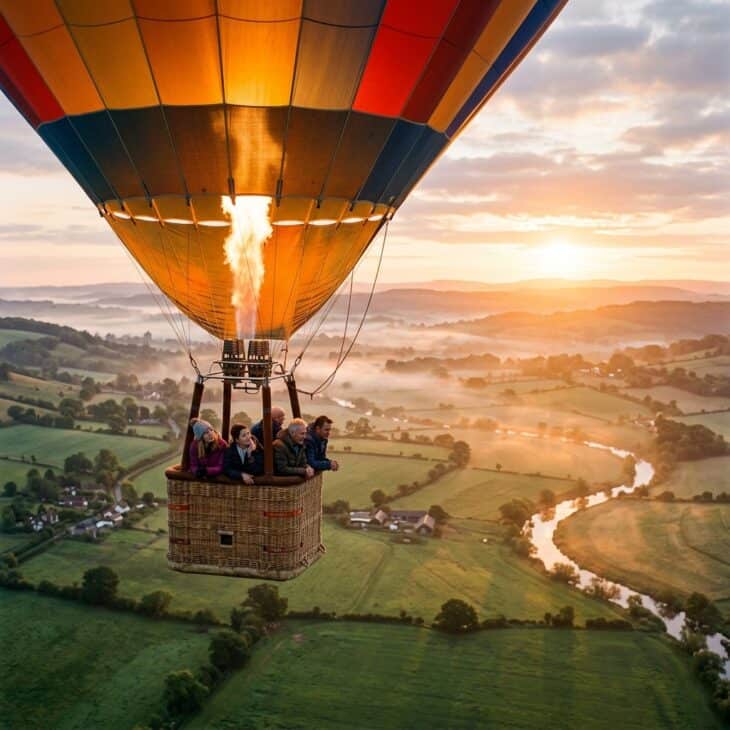 Hot air balloon drifting over pastoral fields at sunrise with passengers looking over the basket edge