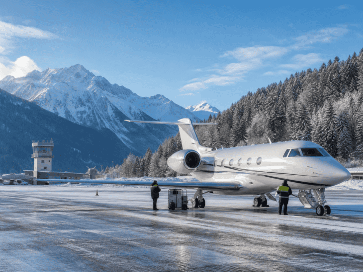 A private jet parked on a snow-covered mountain airport apron in winter