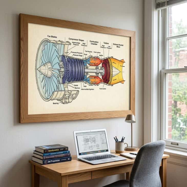 Large framed turbofan jet engine cutaway illustration in color-coded fine line art on a white office wall