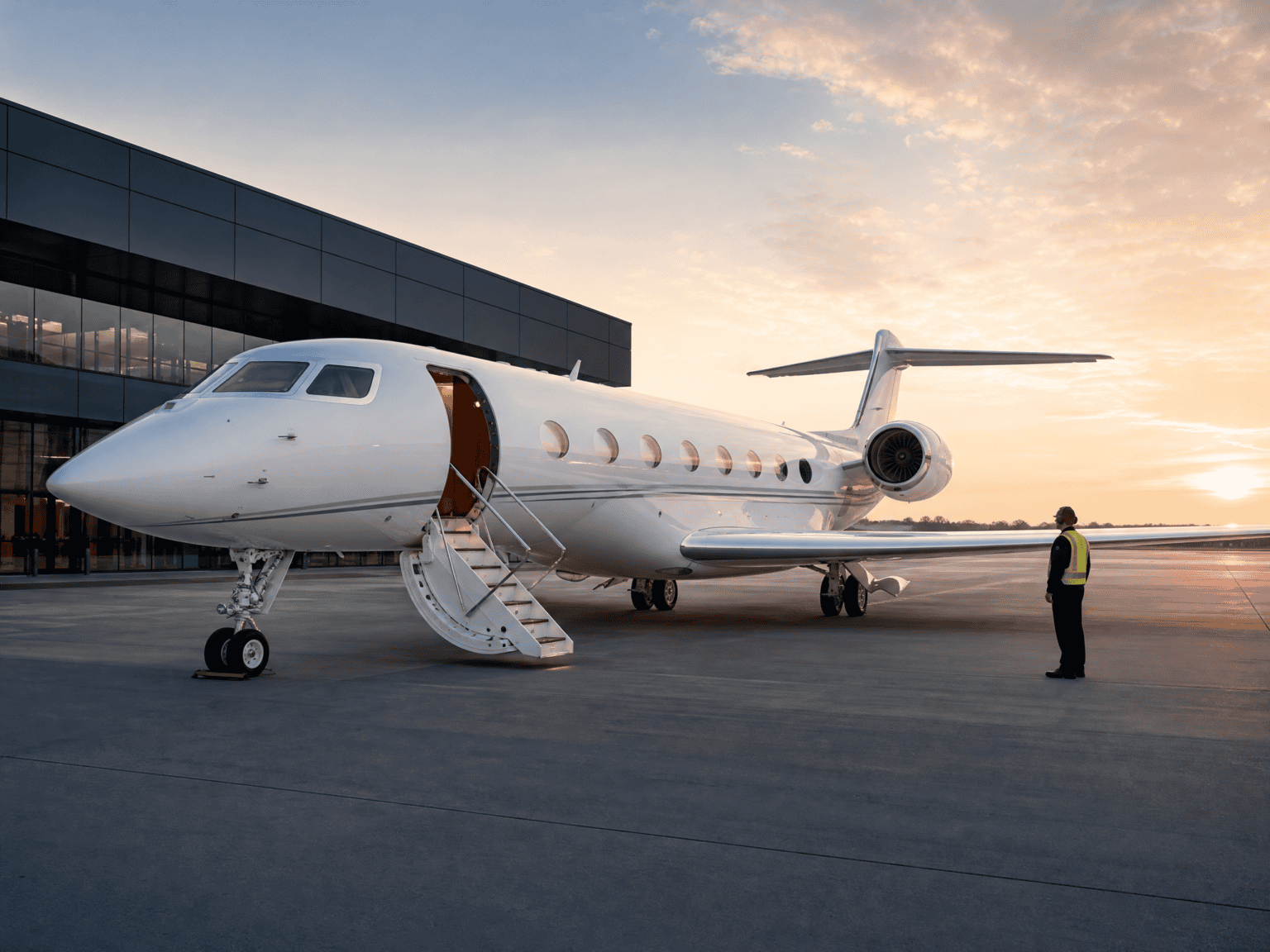 A private jet with stairs deployed being prepared for departure at a modern FBO