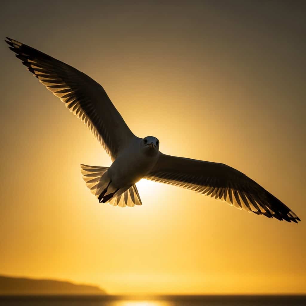Single seagull in perfect extended flight against a golden sunset sky with wings fully outstretched and every feather visible