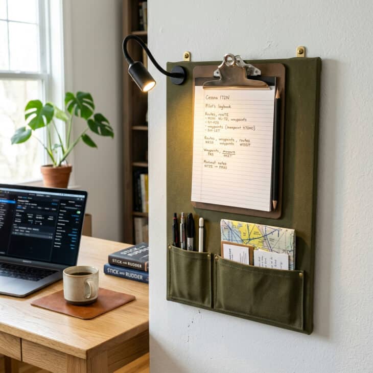 Kneeboard-inspired wall organizer in olive canvas with stainless clip and LED task light on a white wall