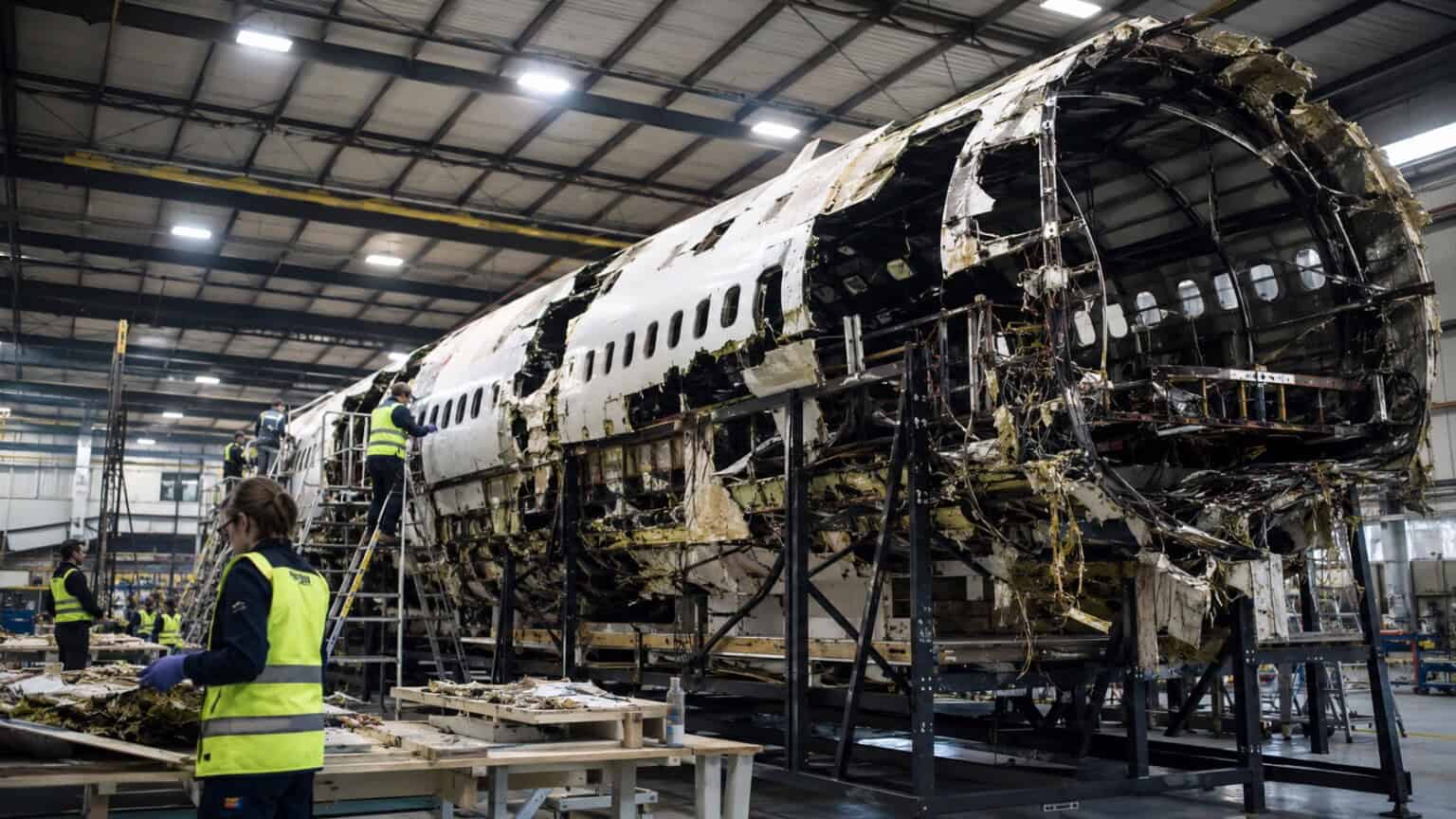 large section of reconstructed commercial aircraft fuselage