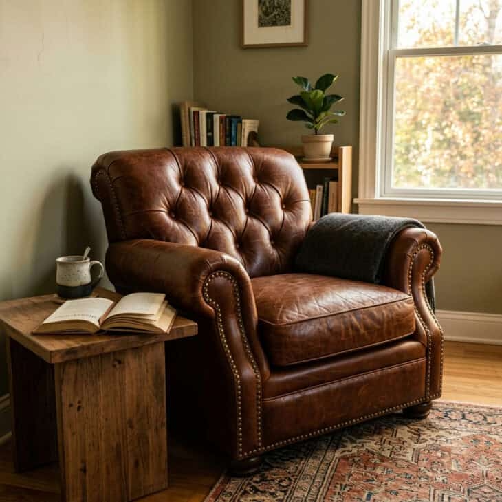 Dark cognac leather club chair with nail-head trim in a home office corner with a side table and open book
