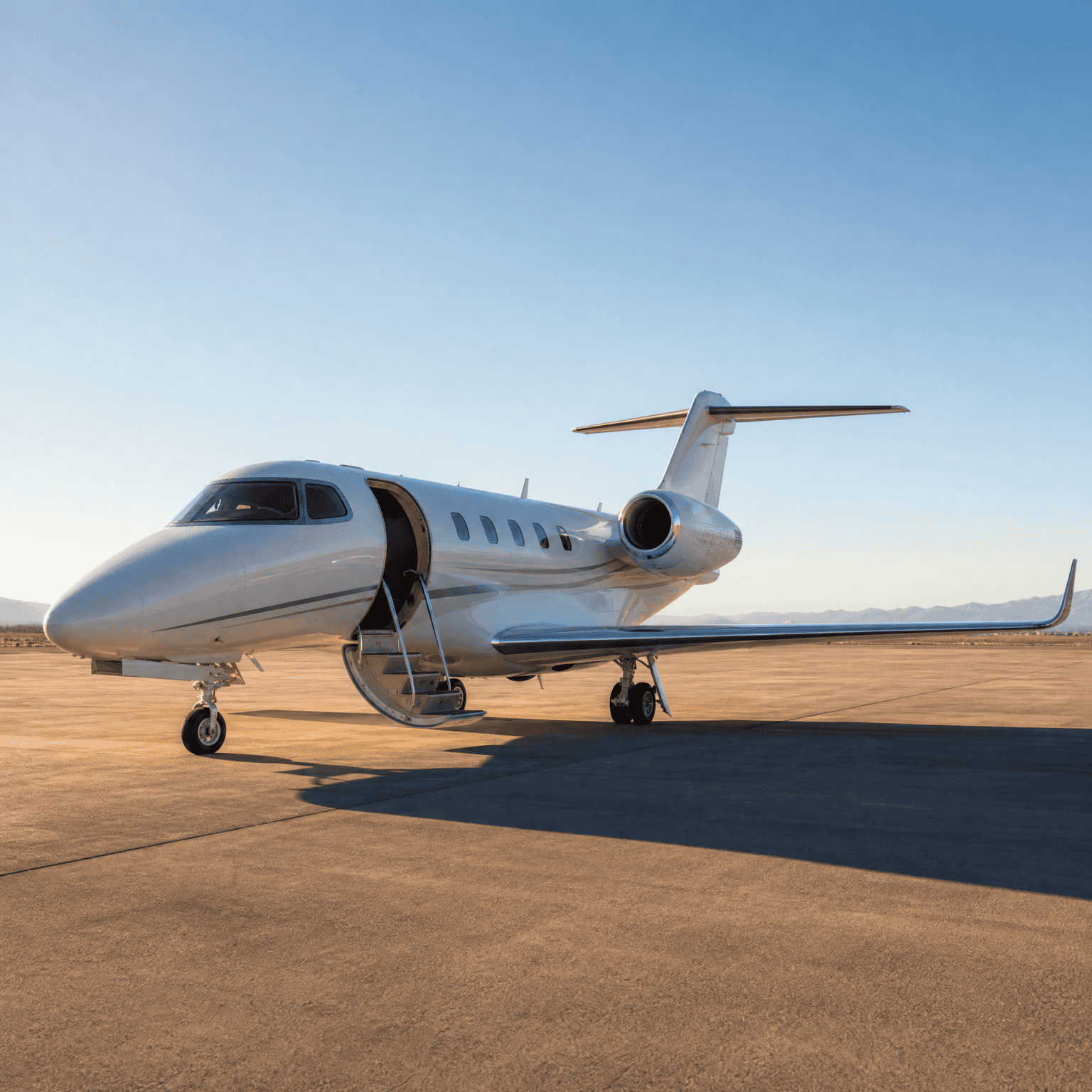 A light jet parked on a sun-drenched FBO tarmac with stairs deployed