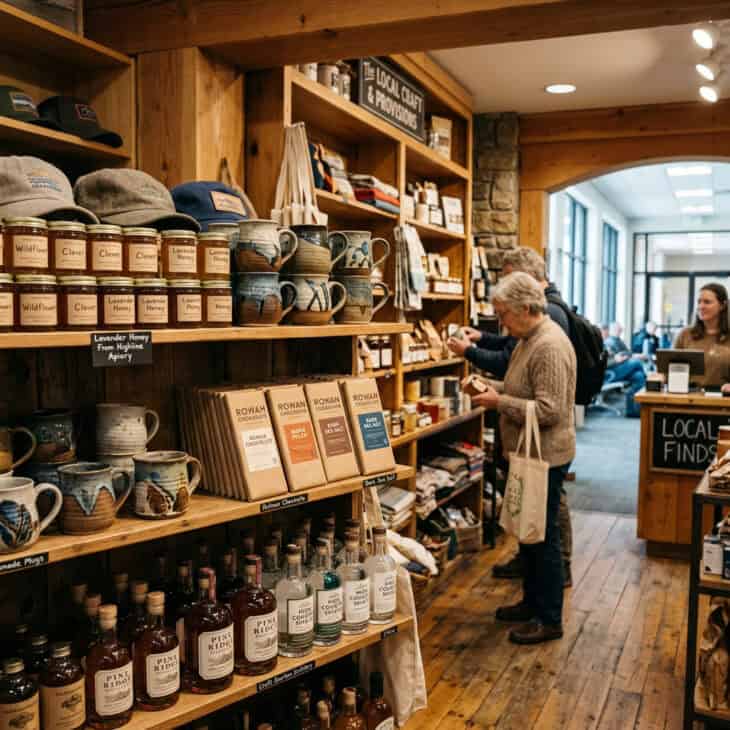 Warm airport gift shop with wooden shelves of local honey, handmade ceramics, artisan chocolate, and regional spirits