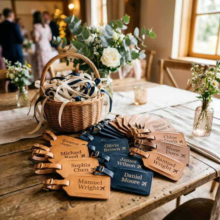 Personalized leather luggage tags in tan and navy with airplane illustrations fanned out on a wooden party favor table