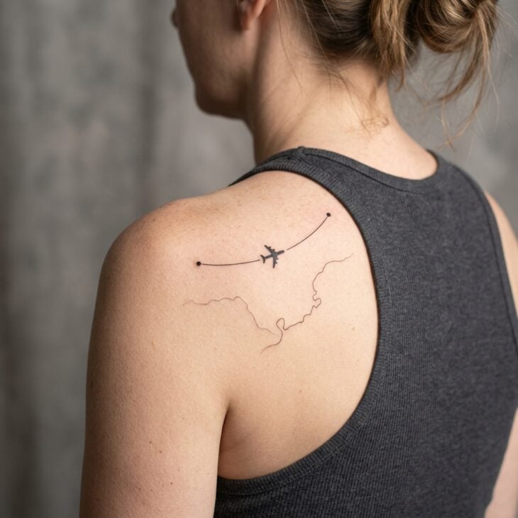 Minimalist route map tattoo across an adult shoulder blade with two endpoint dots and a curved airplane flight path