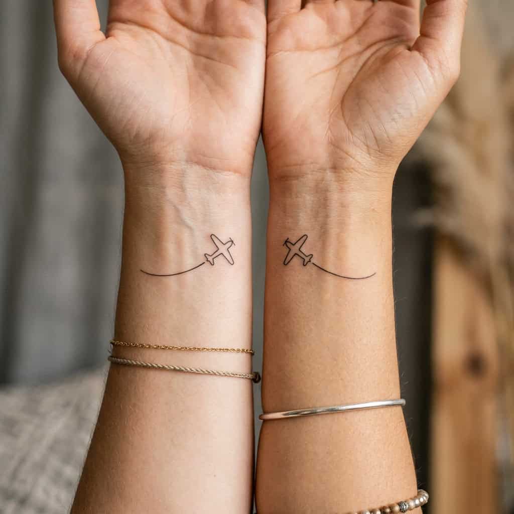Two matching tiny fine-line airplane tattoos on two adult wrists with opposite curved flight trails