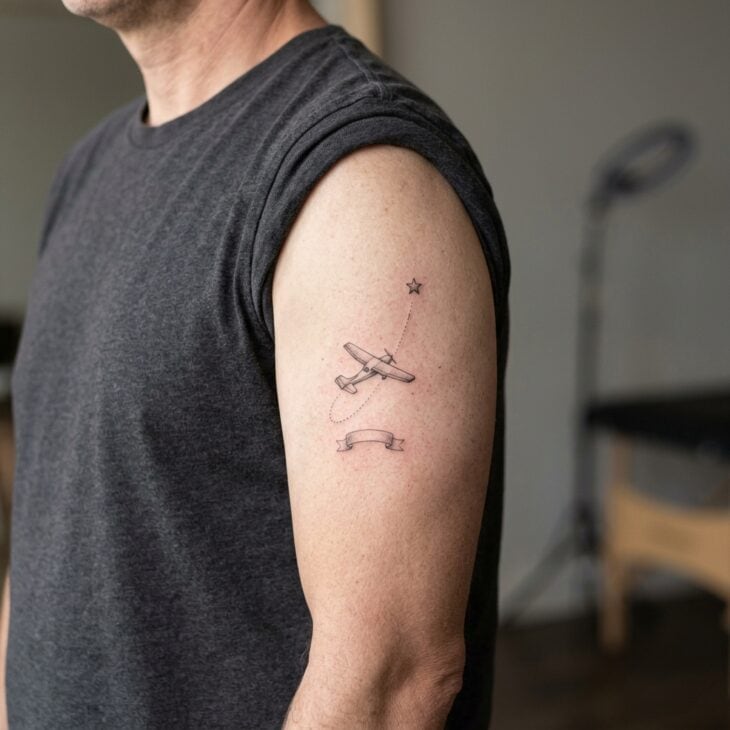 Respectful memorial aviation tattoo on an adult upper arm with a small airplane ascending toward a single star