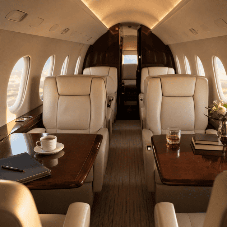 The interior of a midsize private jet with leather seats and warm cabin lighting