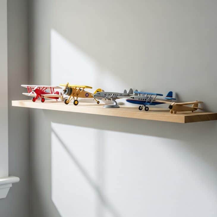 Wall ledge lined with model airplanes of different eras in a nursery