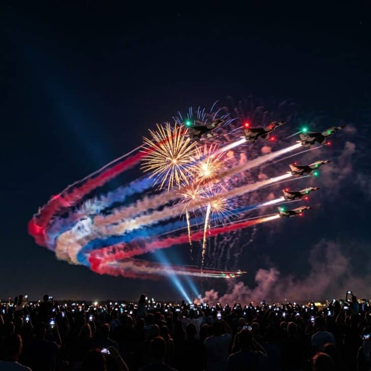 Formation jets trailing colored smoke against night sky with fireworks bursting behind them and crowd silhouettes below