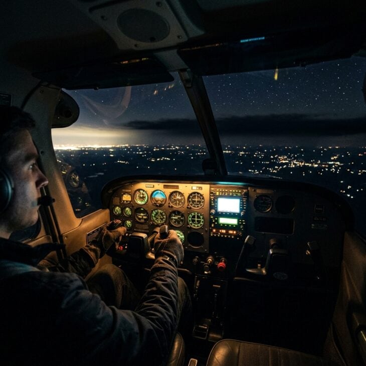 Small aircraft cockpit at night with instrument panel glowing and city lights visible far below through the windshield