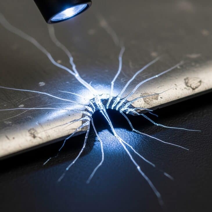 Aircraft metal structure under laboratory lighting showing stress fracture cracks radiating from a fatigue point