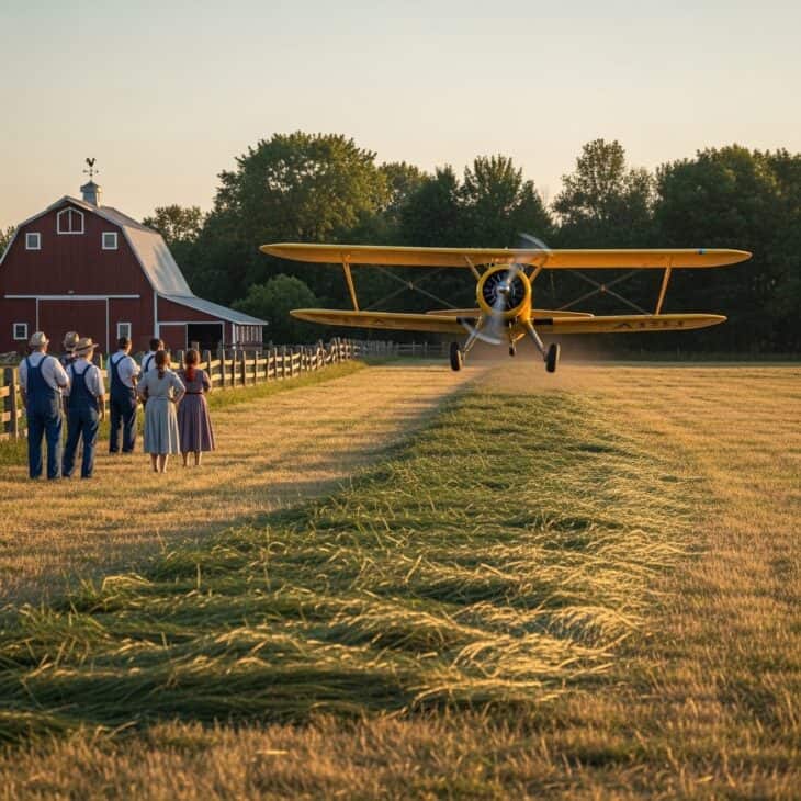 Vintage yellow biplane landing in a farm hay field in golden afternoon light with a red barn and curious onlookers visible