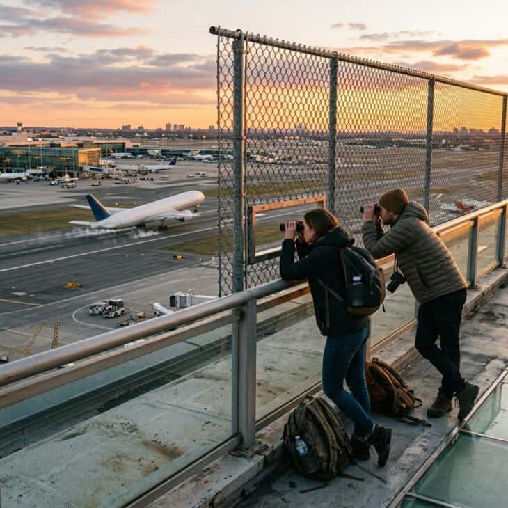 Travelers on an airport observation deck watching aircraft on the tarmac at golden hour