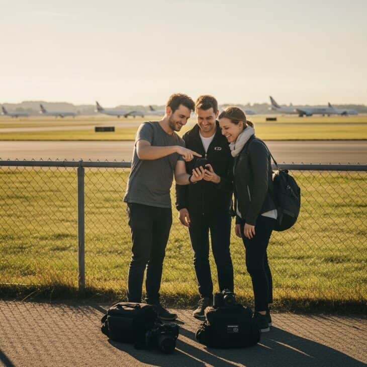 Group of plane spotters at a perimeter fence sharing a phone screen, camera bags at their feet