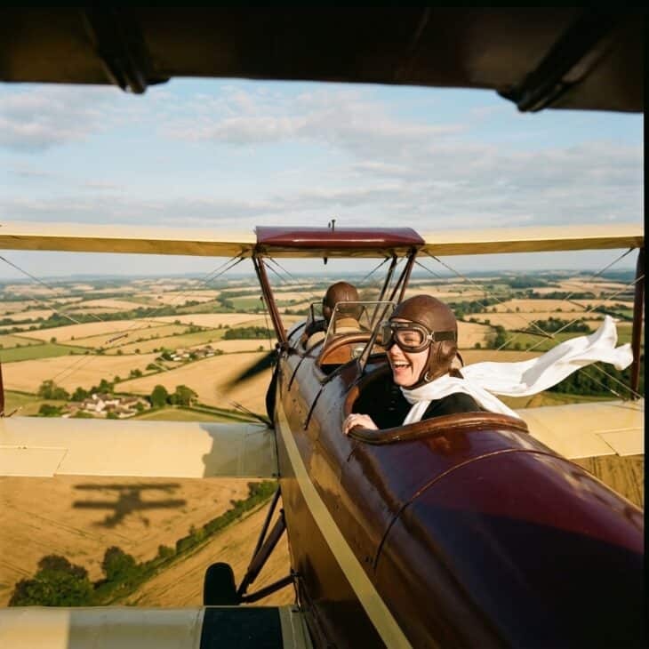 Passenger in leather helmet and goggles riding in the open rear cockpit of a biplane over summer fields