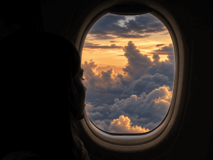 A traveler in soft silhouette at an aircraft window, the oval frame creating a natural vignette around them and the dramatic cloudscape outside, cabin dark, all light from the sky beyond