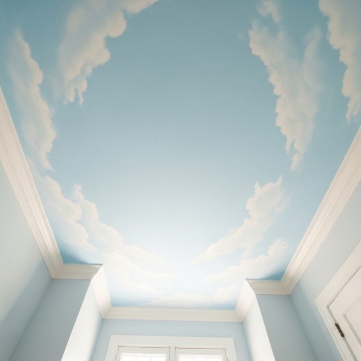 Nursery ceiling painted as a soft blue sky with fluffy white clouds