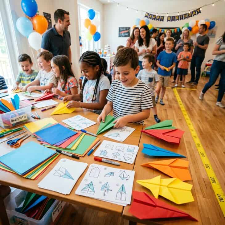 Party activity table with colored paper, folding instruction cards, and completed paper airplane designs ready for a distance contest