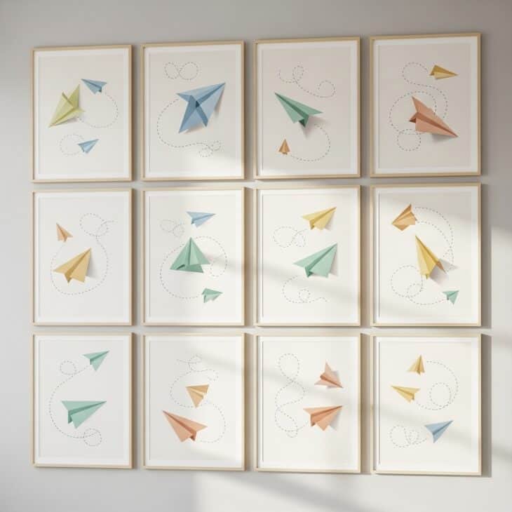 Gallery wall of framed paper airplane prints with dashed flight paths