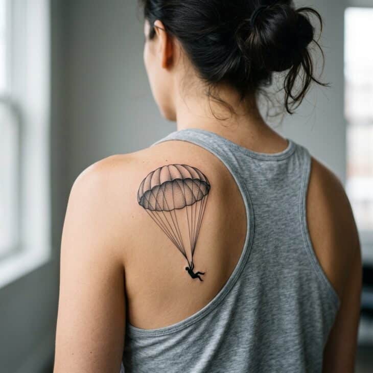 Black and grey parachute canopy tattoo on an adult shoulder blade with simple suspension lines and tiny descending silhouette