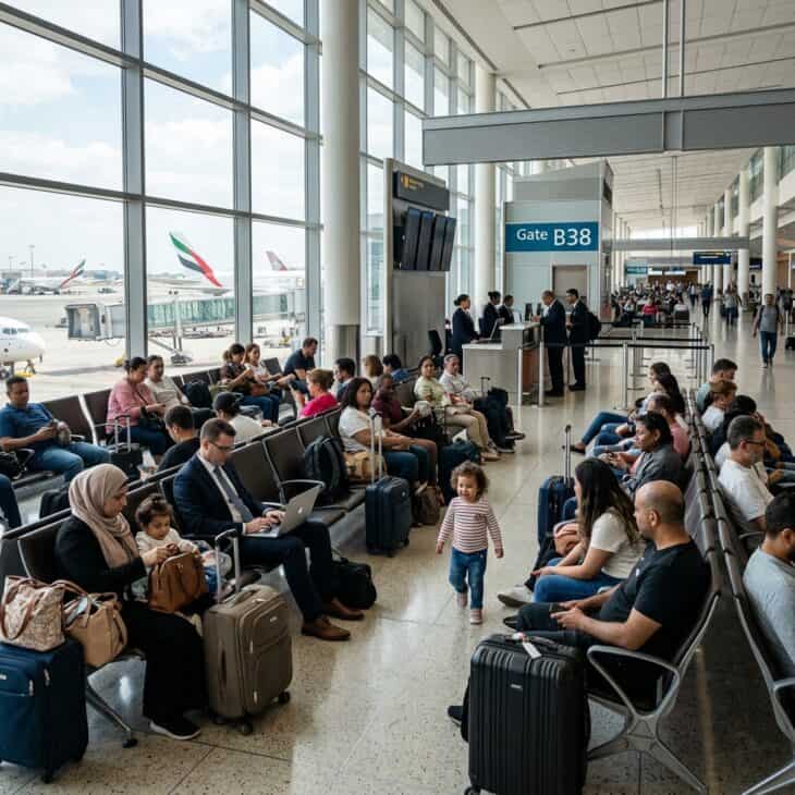 Busy international airport departure gate with diverse travelers, families, and wide windows overlooking aircraft on the apron