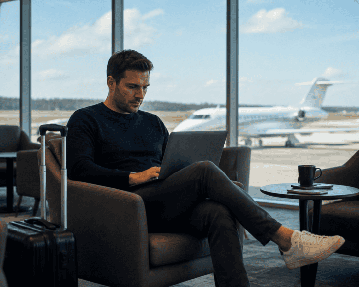 Traveller checking private jet empty leg listings on a laptop in an airport lounge