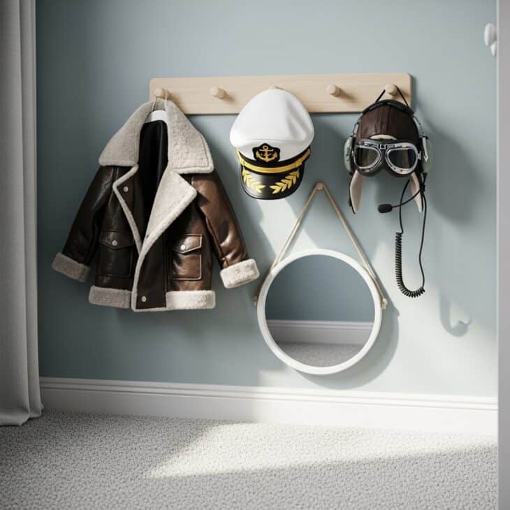 Bedroom corner with hooks holding a child's pilot jacket, hat, and headset