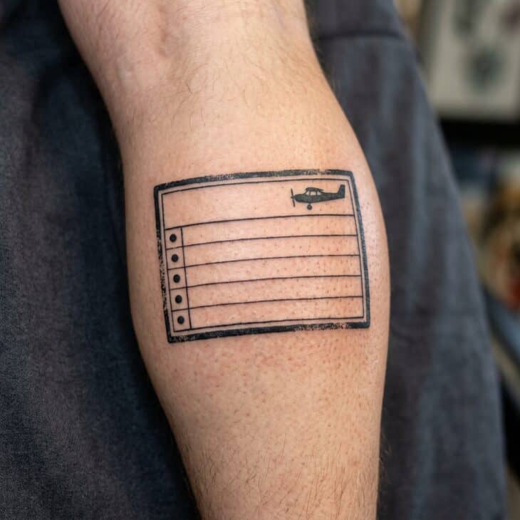 Pilot logbook stamp inspired tattoo on an adult calf with abstract rows and a small generic aircraft icon