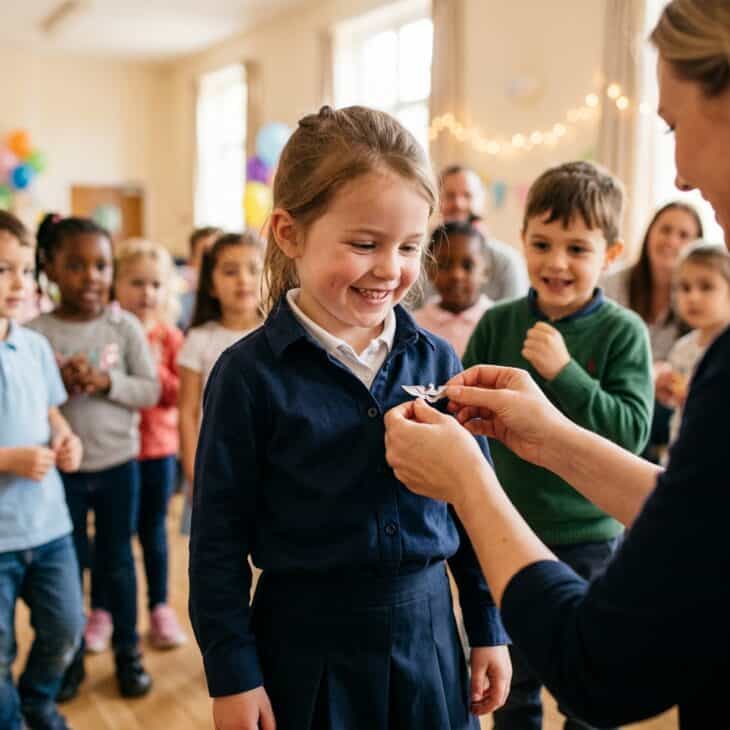 Young child receiving a silver pilot wings pin in a ceremony at an aviation birthday party