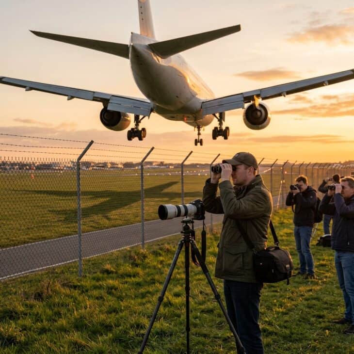 Plane spotter at airport perimeter with binoculars as a large airliner on final approach passes just overhead