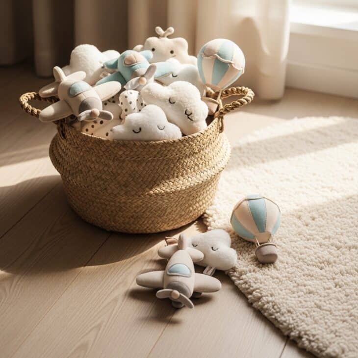 Woven basket filled with soft plush airplane and cloud toys in a nursery