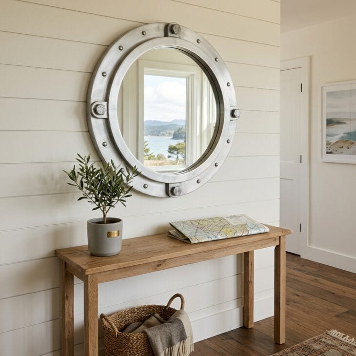 Circular porthole-style mirror with brushed aluminum frame and bolt accents on a white shiplap wall