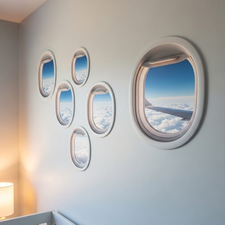 Round airplane porthole decals showing sky views on a nursery wall