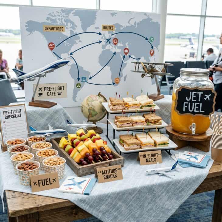 Party snack bar styled as a pre-flight catering station with aviation-labeled food and drinks on a linen table
