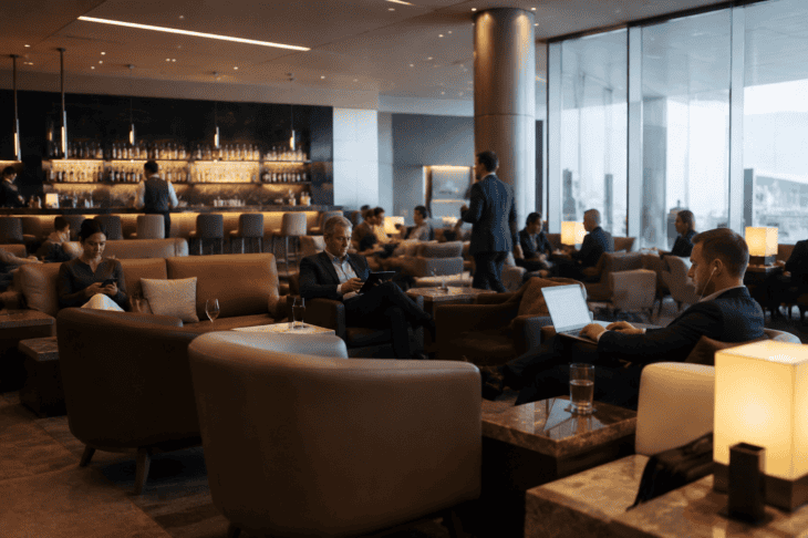 A premium airport first class lounge with low seating, subtle lighting, and business travellers