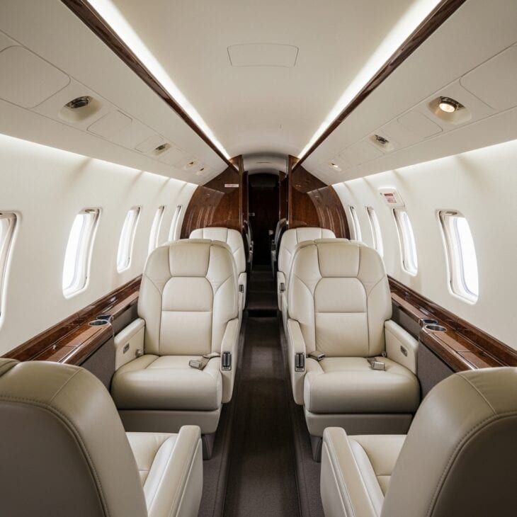 The interior cabin of a private jet with cream leather seats and natural light